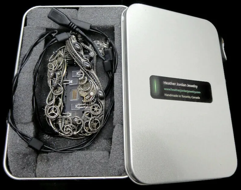 Iridescent Chip Steampunk/Cyberpunk Fusion Necklace with Upcycled Watch Parts & LEDs