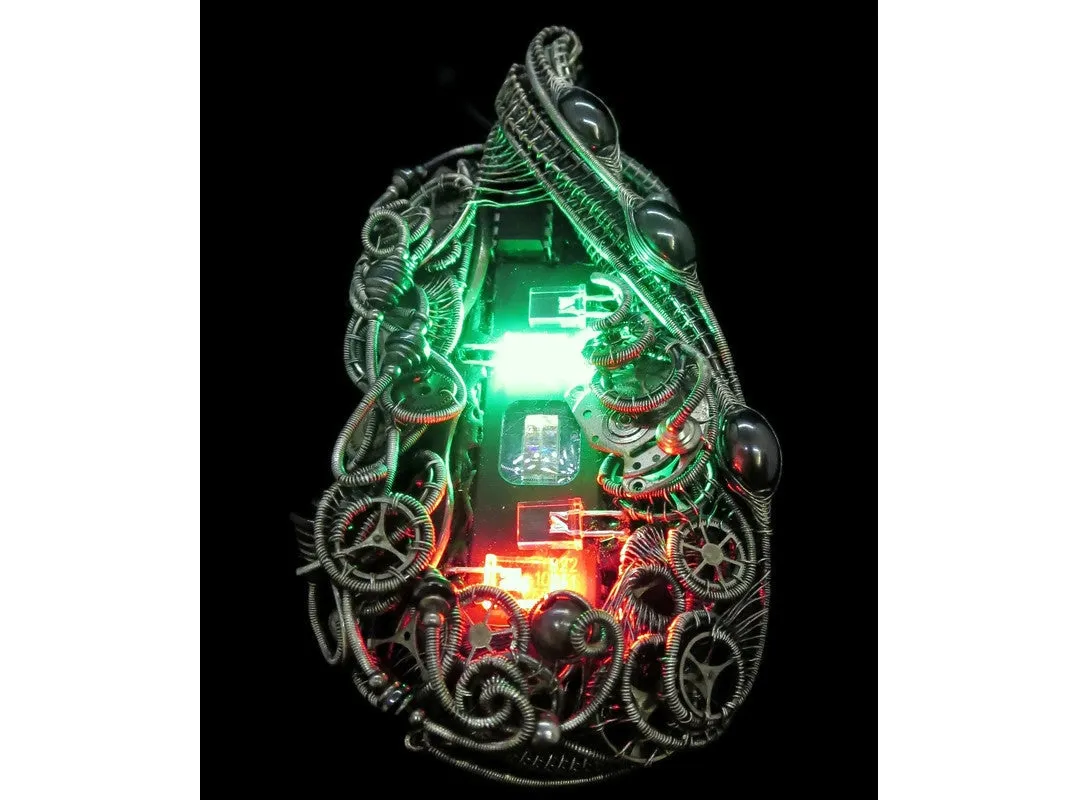 Iridescent Chip Steampunk/Cyberpunk Fusion Necklace with Upcycled Watch Parts & LEDs