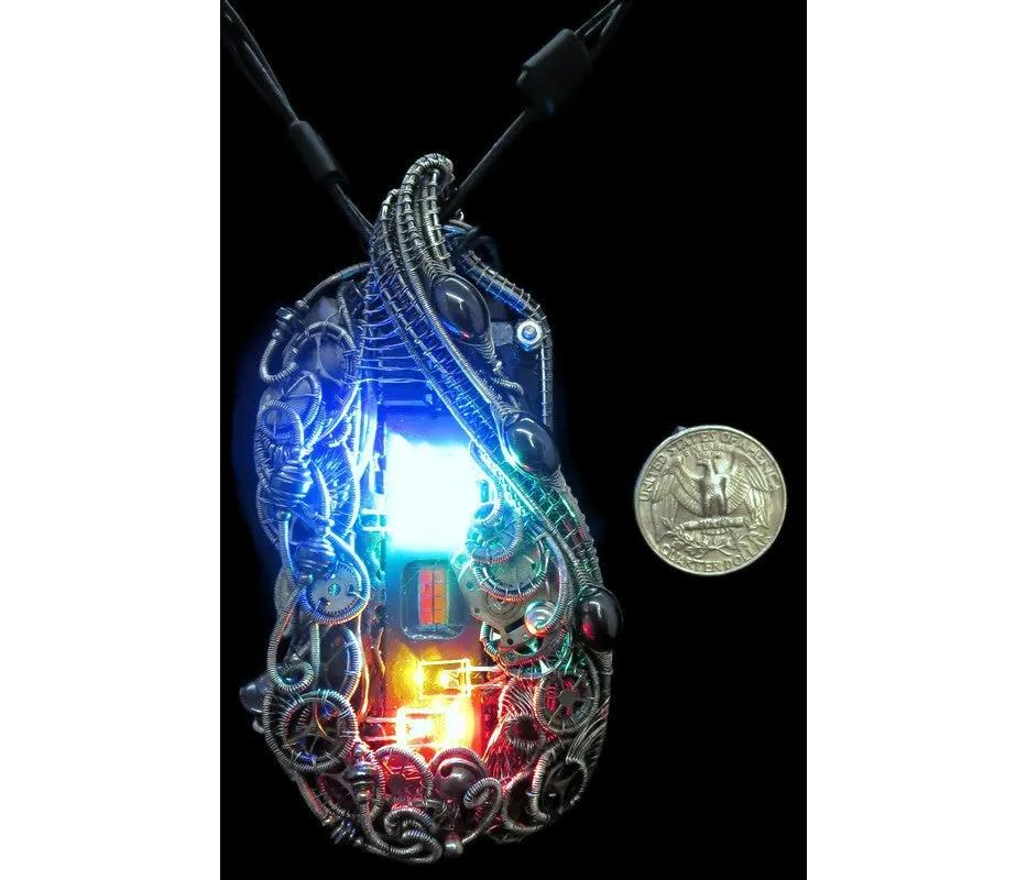 Iridescent Chip Steampunk/Cyberpunk Fusion Necklace with Upcycled Watch Parts & LEDs