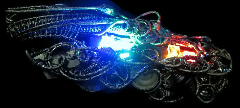 Iridescent Chip Steampunk/Cyberpunk Fusion Necklace with Upcycled Watch Parts & LEDs