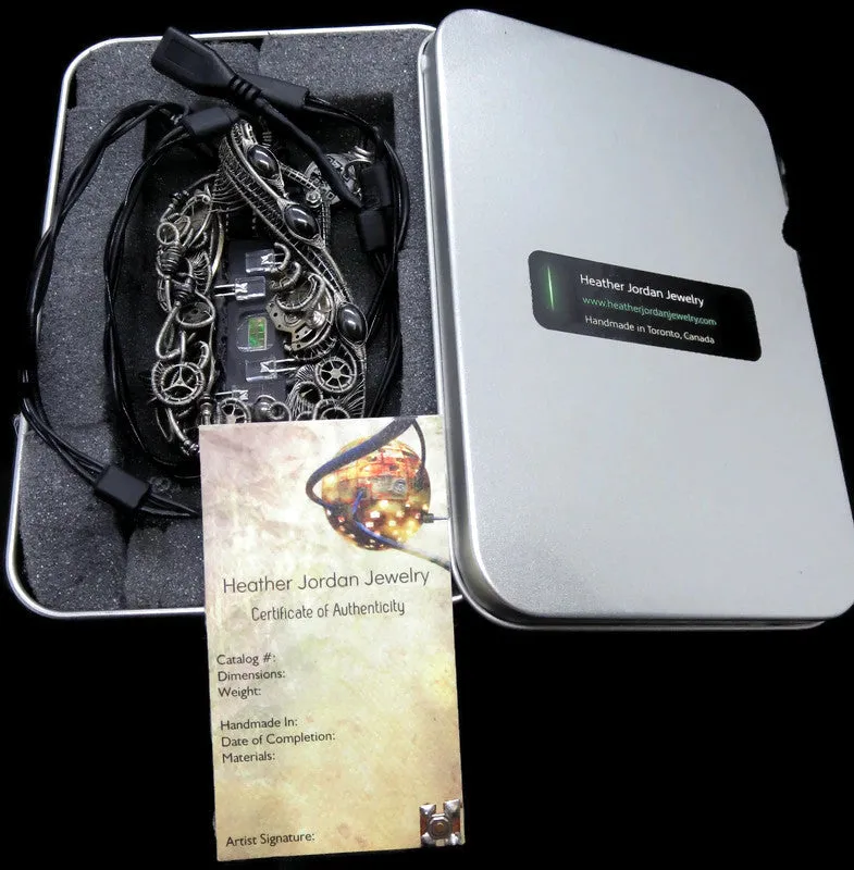 Iridescent Chip Steampunk/Cyberpunk Fusion Necklace with Upcycled Watch Parts & LEDs