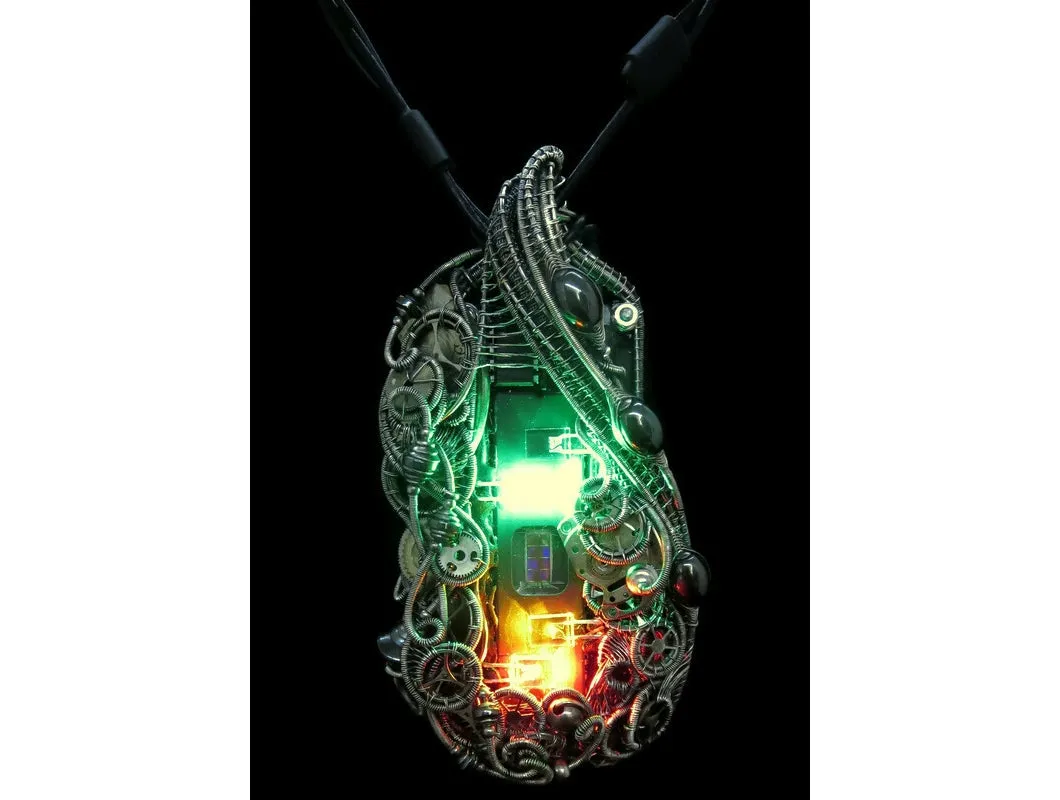 Iridescent Chip Steampunk/Cyberpunk Fusion Necklace with Upcycled Watch Parts & LEDs
