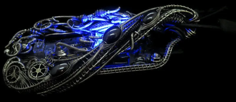 Iridescent Chip Steampunk/Cyberpunk Fusion Necklace with Upcycled Watch Parts & LEDs