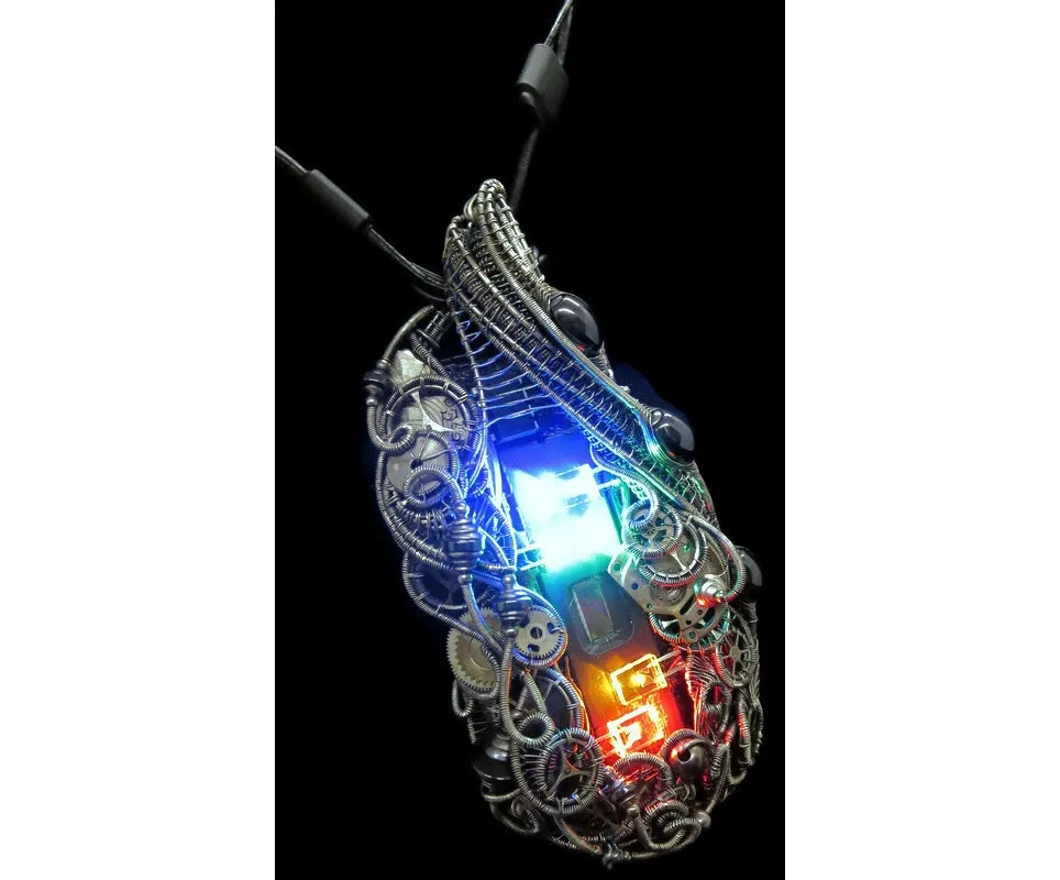 Iridescent Chip Steampunk/Cyberpunk Fusion Necklace with Upcycled Watch Parts & LEDs