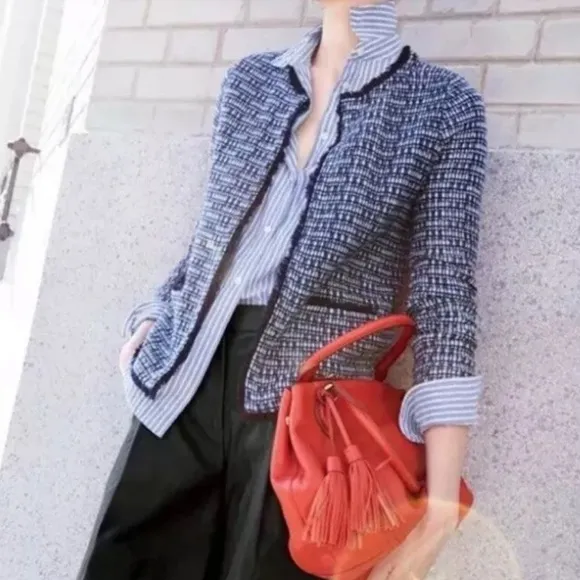 J Crew Wool Tweed Fringe Preppy Sweater Classy Jacket Old Money Womens XXS