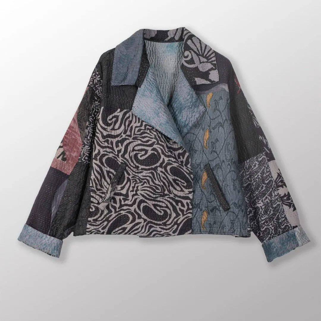 Jacquard Vintage Silk Patch Kantha Lapeled Short Jacket