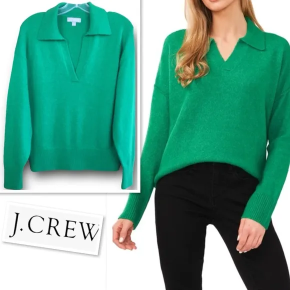 J.CREW Long Sleeve Polo Merino Wool/Alpaca Blend Pullover Sweater In Green Sz XS