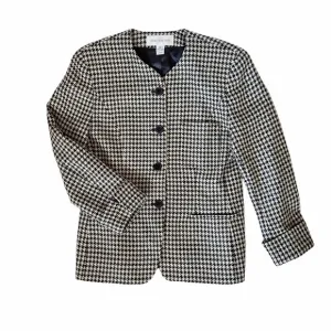Jones New York vintage black and cream houndstooth tweed collarless wool blazer