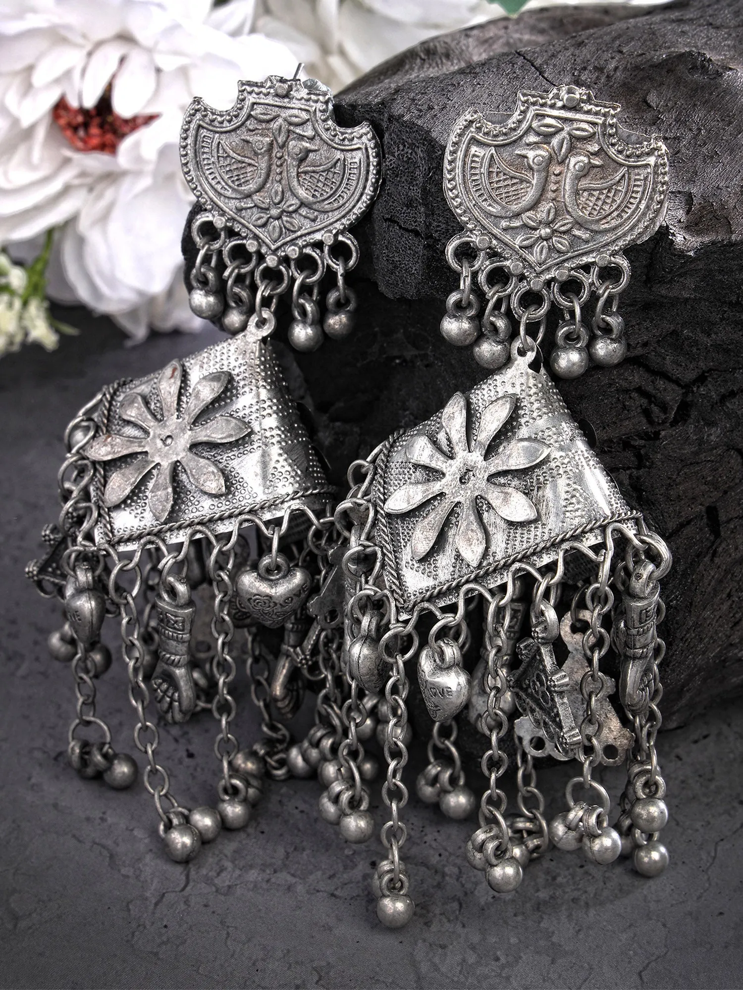 Karatcart Antique Finish Tribal Oxidised Silver Lightweight Triangular Jhumki Earrings for Women