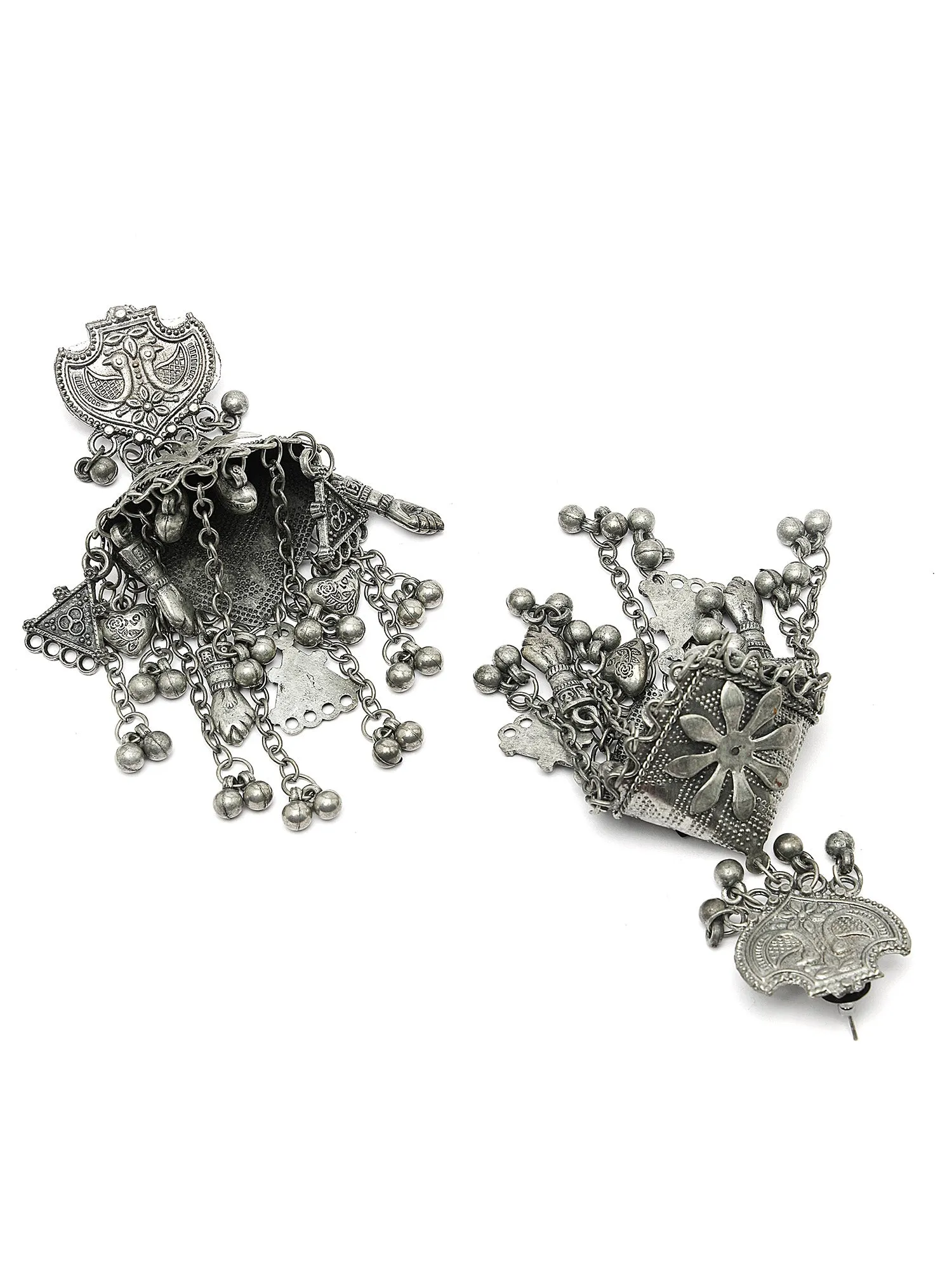Karatcart Antique Finish Tribal Oxidised Silver Lightweight Triangular Jhumki Earrings for Women