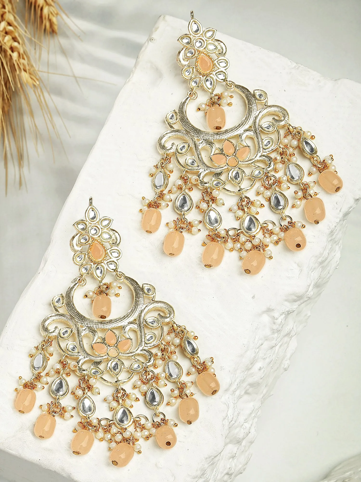 Karatcart Gold Plated Peach Tumble Kundan Dangler Earrings for Women