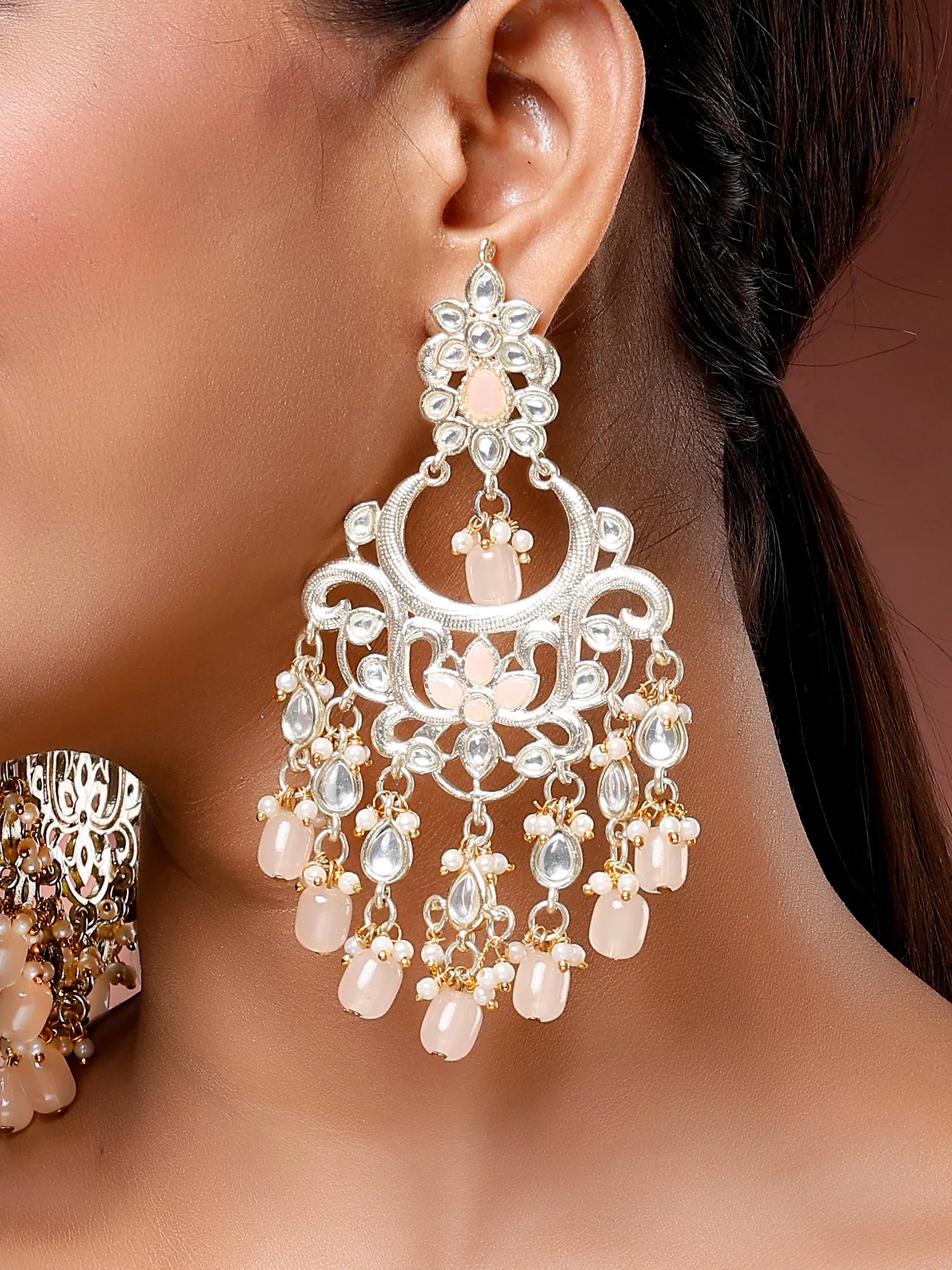 Karatcart Gold Plated Peach Tumble Kundan Dangler Earrings for Women