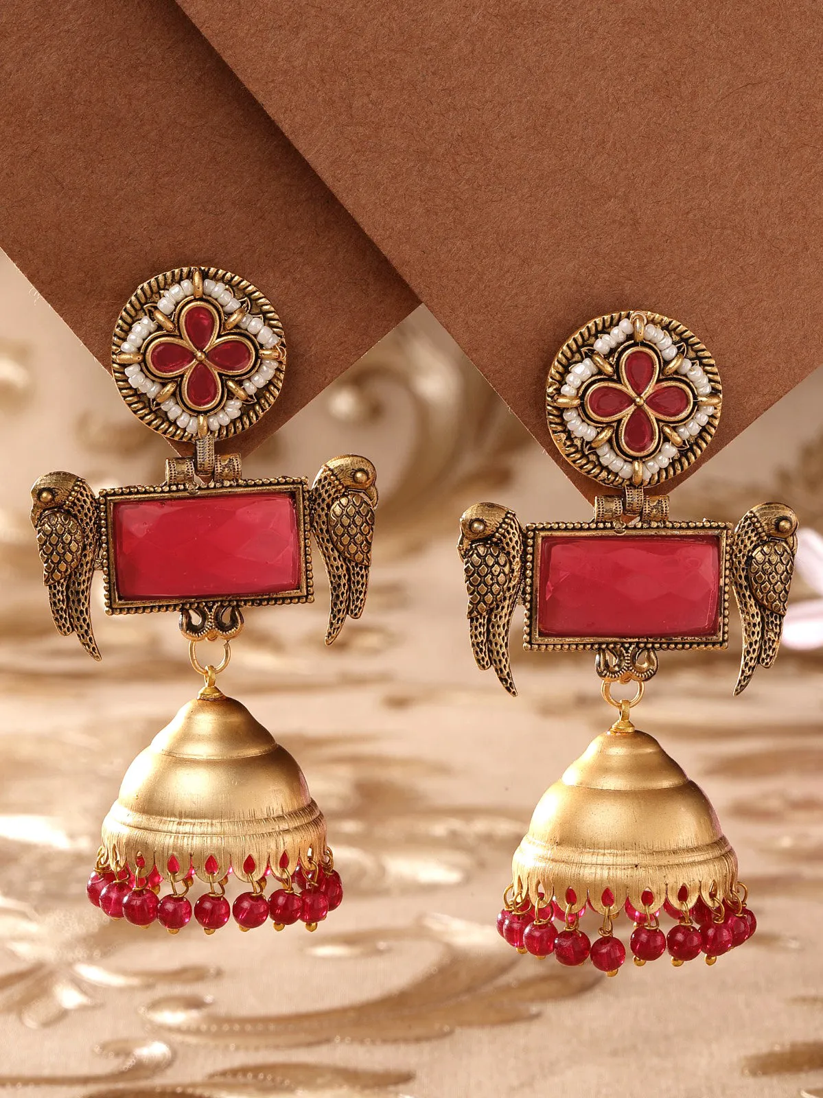 Karatcart Gold Plated Red Stone Studded Dangler Jhumki Earrings for Women