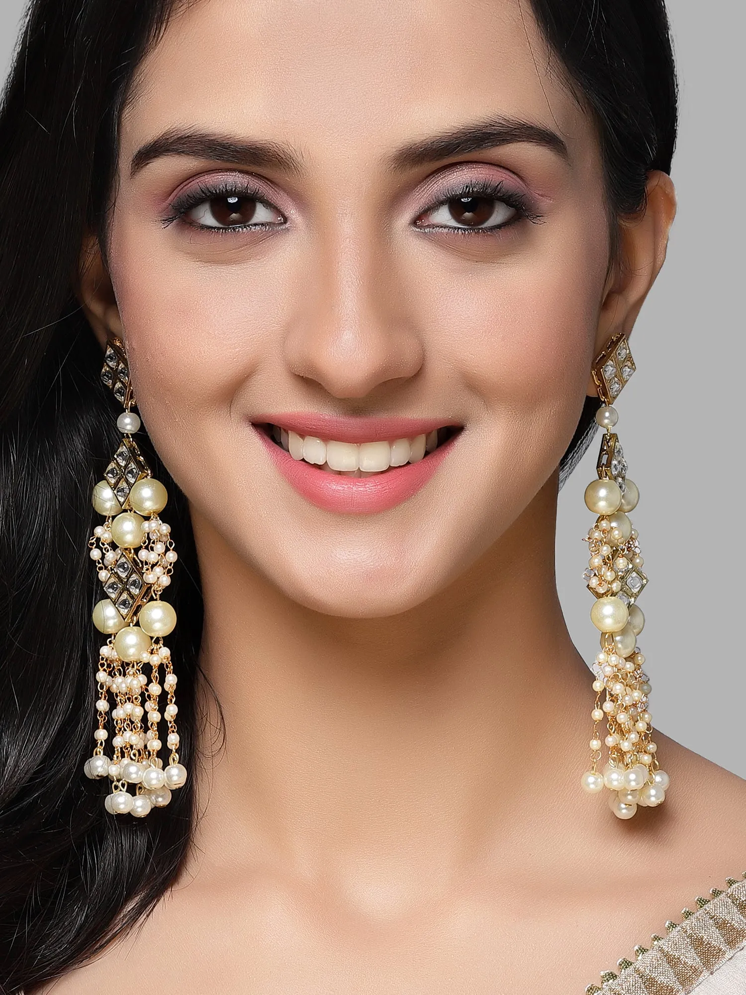Karatcart Gold Plated Square Kundan and Pearl Drop Earrings for Women