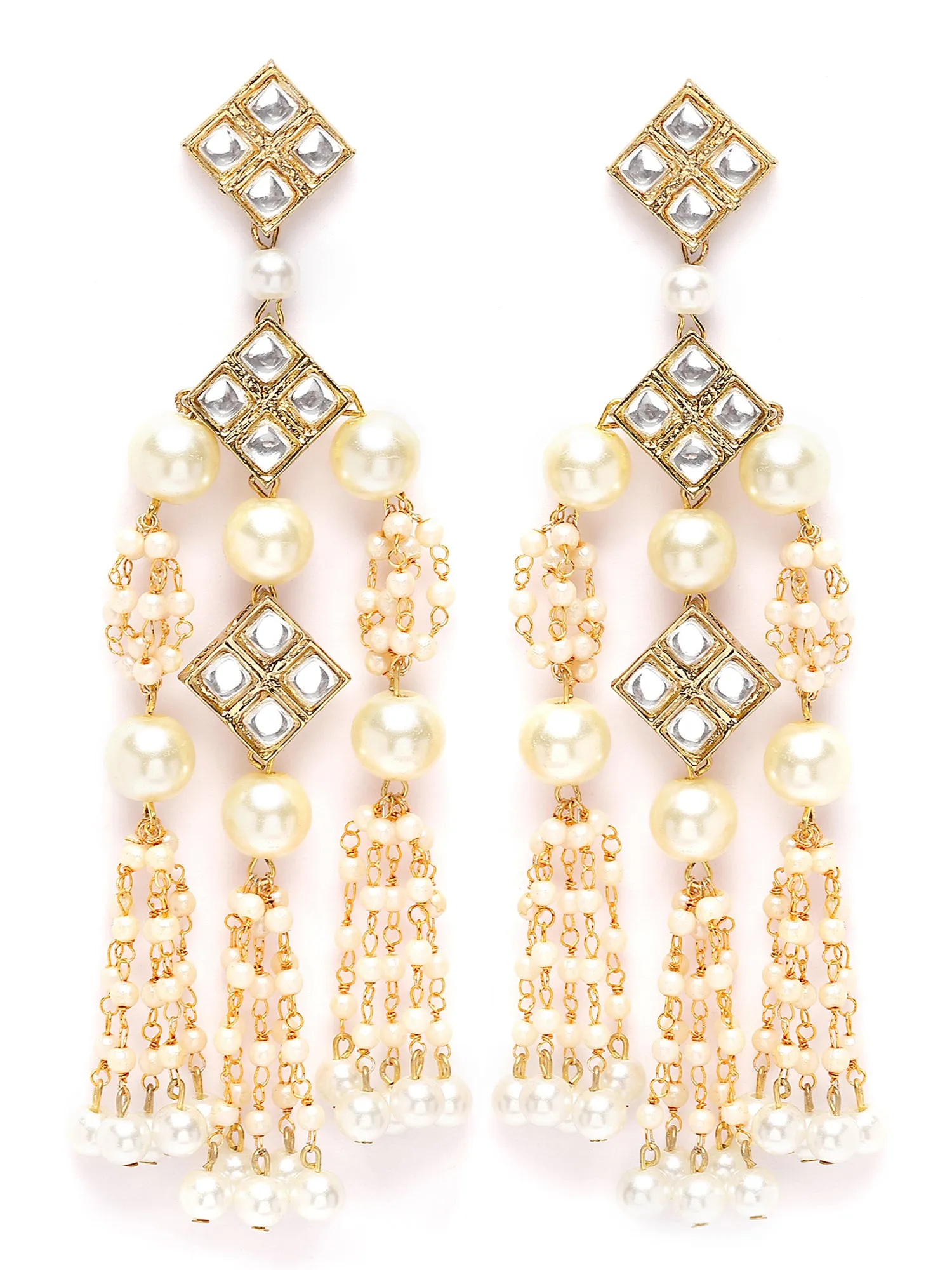 Karatcart Gold Plated Square Kundan and Pearl Drop Earrings for Women