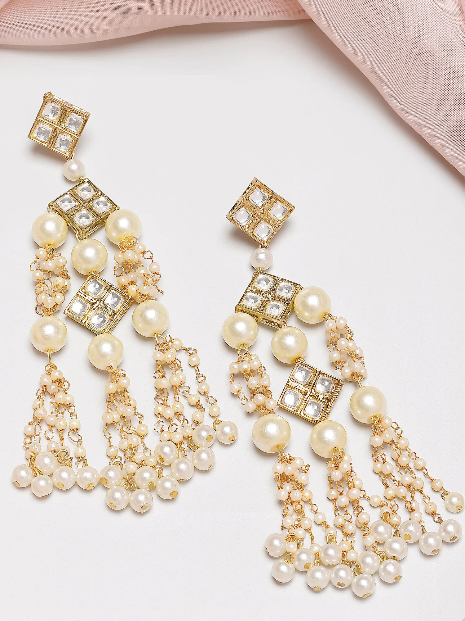 Karatcart Gold Plated Square Kundan and Pearl Drop Earrings for Women