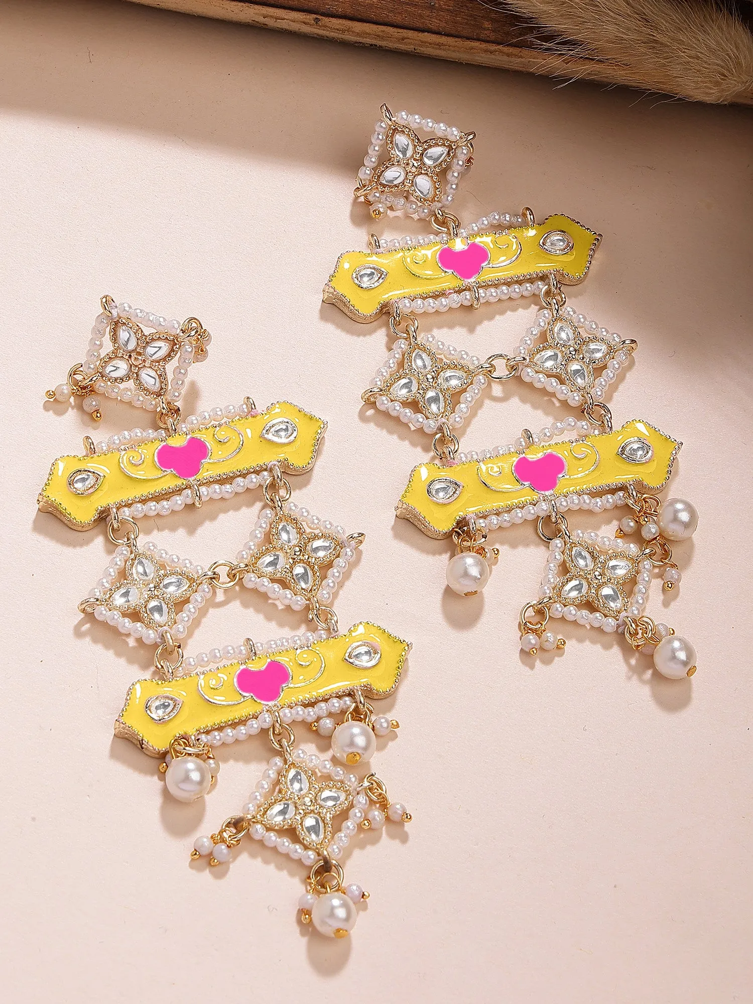 Karatcart Gold Plated Yellow and Pink Meena Dangler Earrings for Women