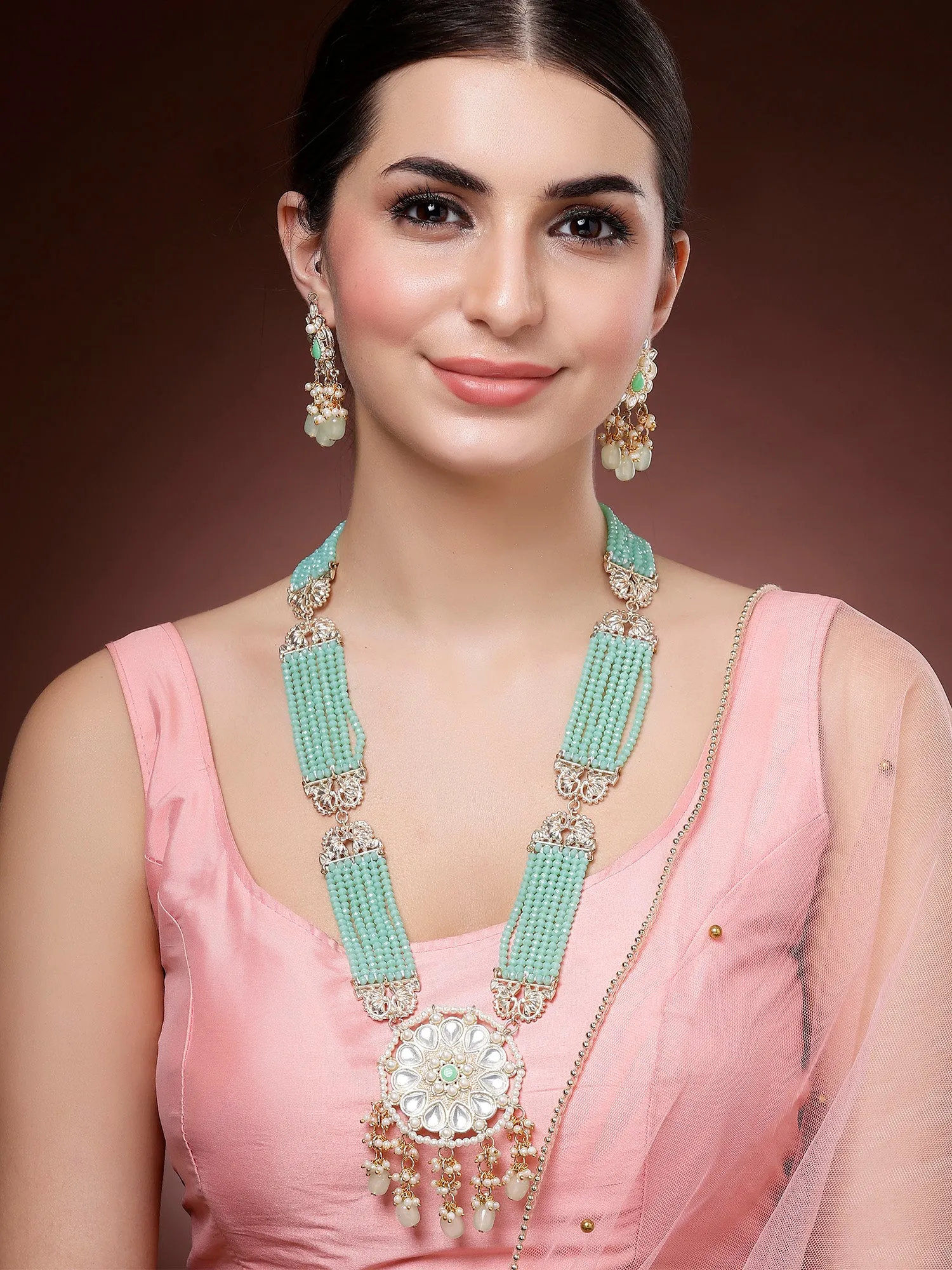 Karatcart Light Green Crystal Long Kundan Rani Haar Necklace Set for Women