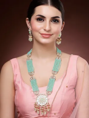 Karatcart Light Green Crystal Long Kundan Rani Haar Necklace Set for Women