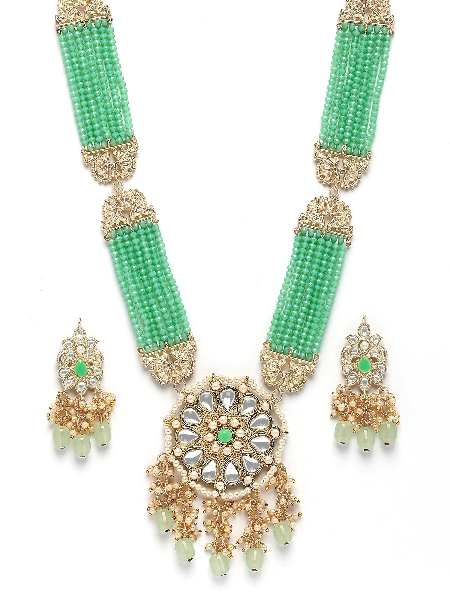 Karatcart Light Green Crystal Long Kundan Rani Haar Necklace Set for Women