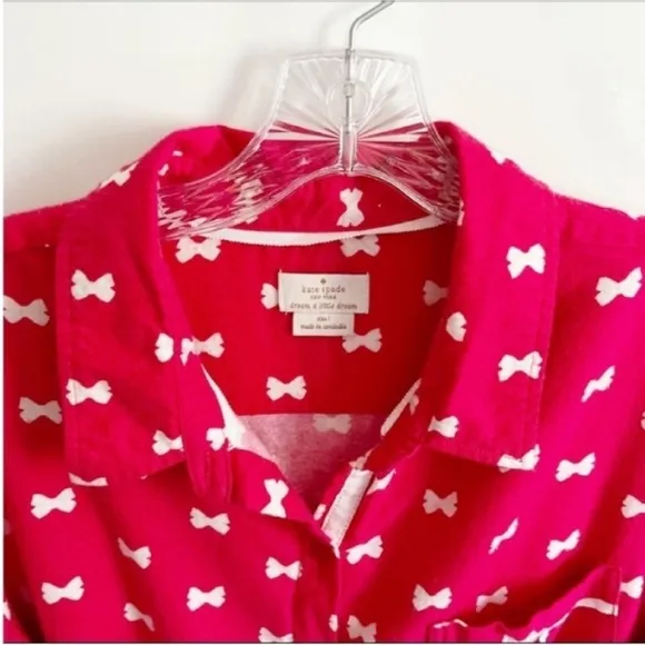 Kate Spade pajama top red white button front bows flannel pocket