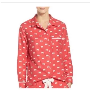 Kate Spade pajama top red white button front bows flannel pocket