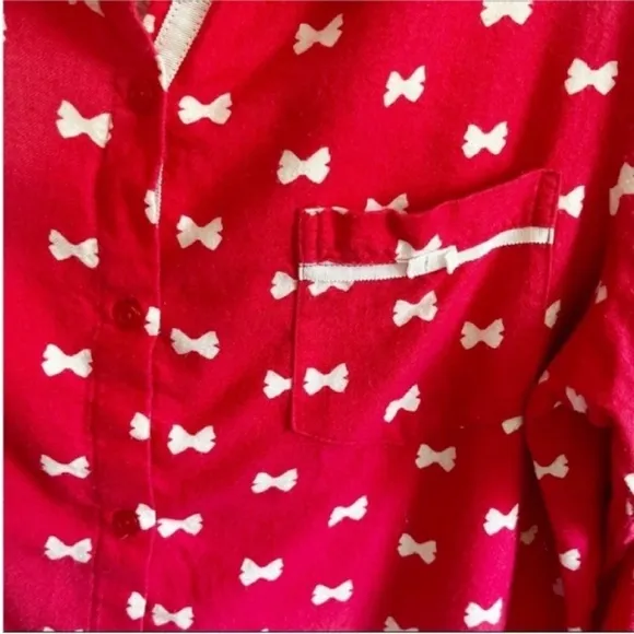 Kate Spade pajama top red white button front bows flannel pocket