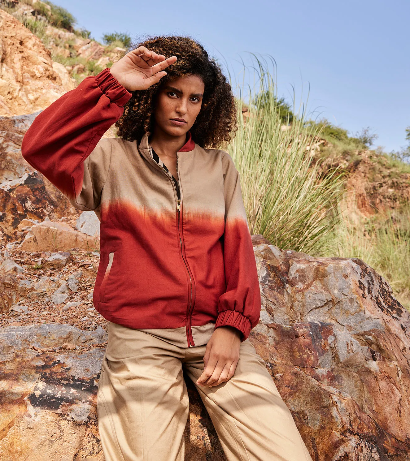 Khara Kapas Clone Bomber Jacket 100% Cotton with Warm Sandwich Fabric Red and Sand  KW694