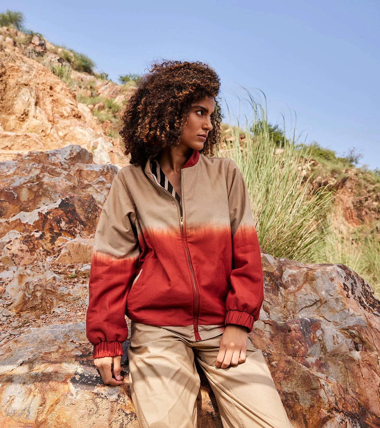 Khara Kapas Clone Bomber Jacket 100% Cotton with Warm Sandwich Fabric Red and Sand  KW694