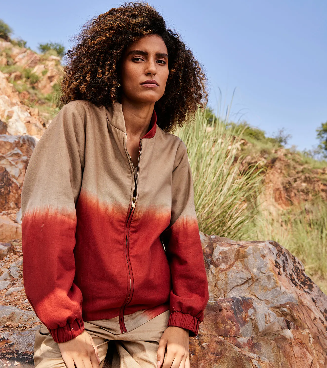 Khara Kapas Clone Bomber Jacket 100% Cotton with Warm Sandwich Fabric Red and Sand  KW694