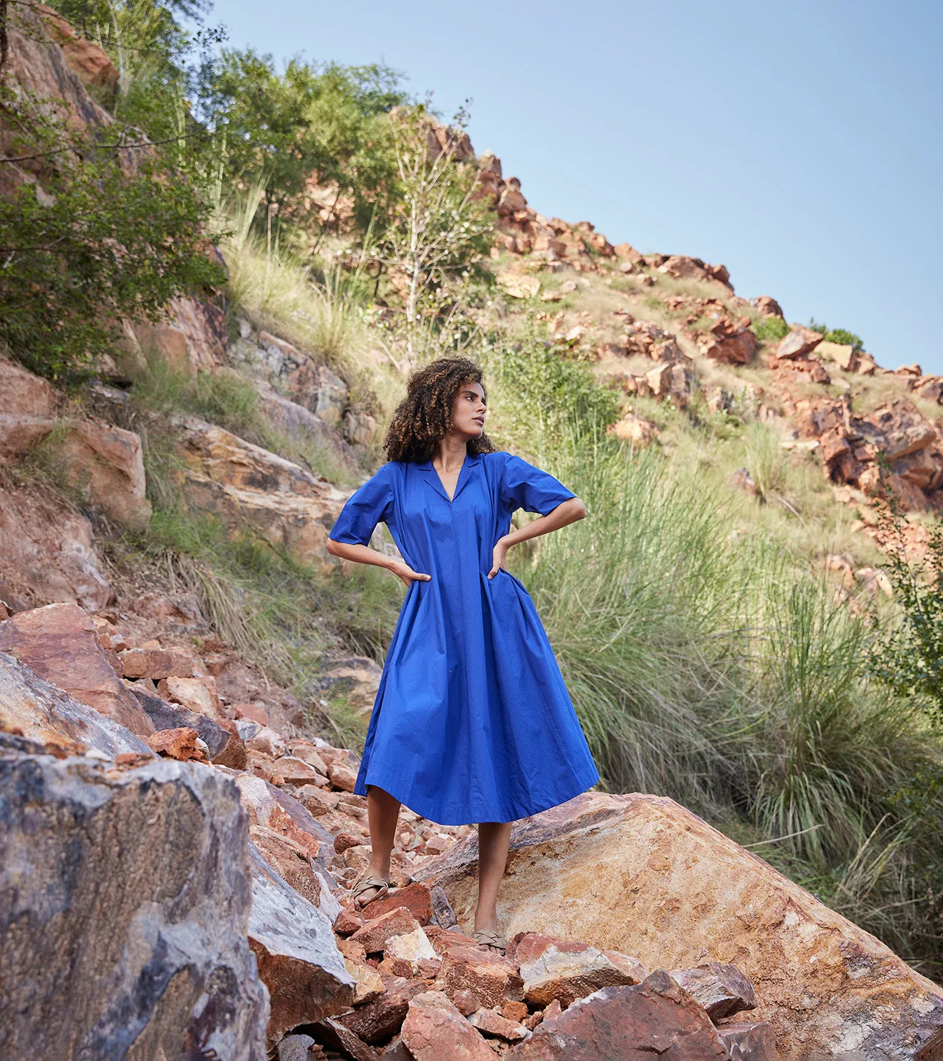 Khara Kapas Hazy Note Anti-fit Dress Cotton Poplin  Blue KW656
