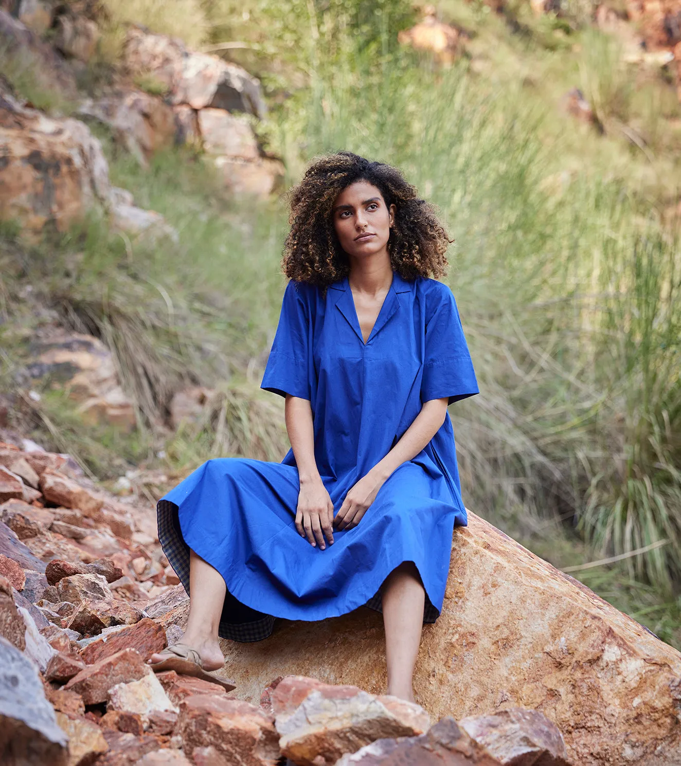 Khara Kapas Hazy Note Anti-fit Dress Cotton Poplin  Blue KW656