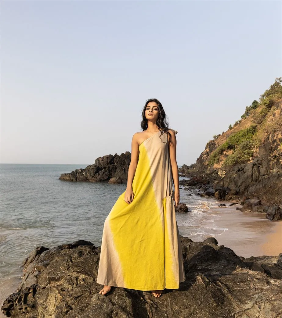 Khara Kapas I  Oh carol I Cotton Mulmul Ripple mud Dress Yellow and grey KK-24-05