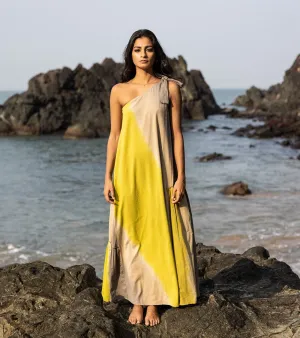 Khara Kapas I  Oh carol I Cotton Mulmul Ripple mud Dress Yellow and grey KK-24-05
