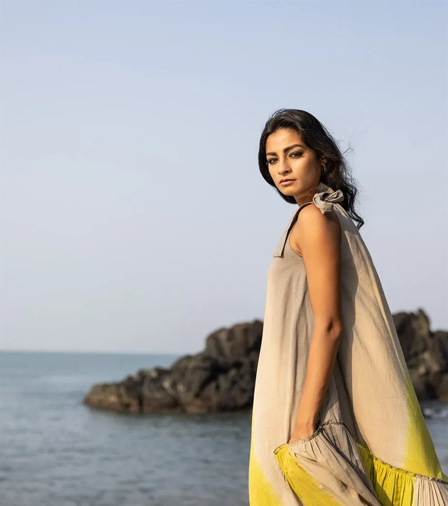 Khara Kapas I  Oh carol I Cotton Mulmul Ripple mud Dress Yellow and grey KK-24-05