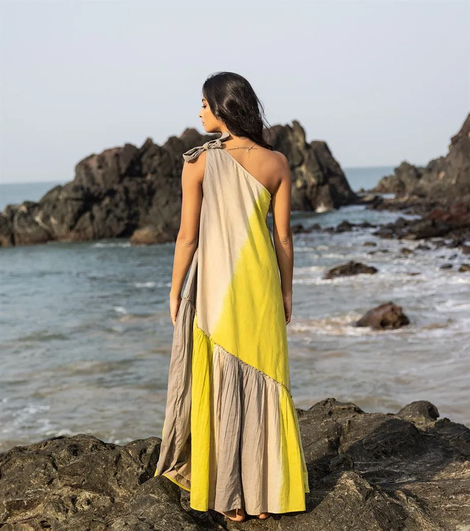 Khara Kapas I  Oh carol I Cotton Mulmul Ripple mud Dress Yellow and grey KK-24-05