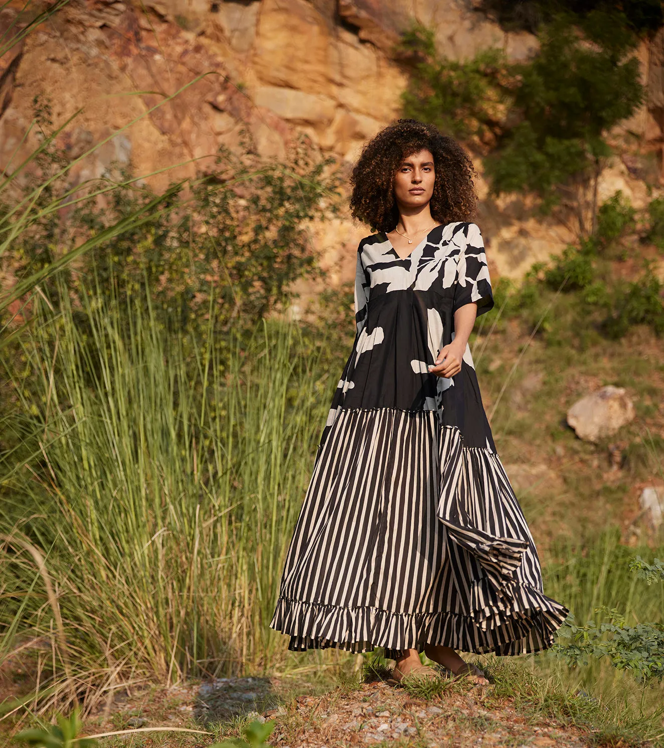 Khara Kapas Longing Days Maxi Dress 100% Cotton  Black and Off-white KW657