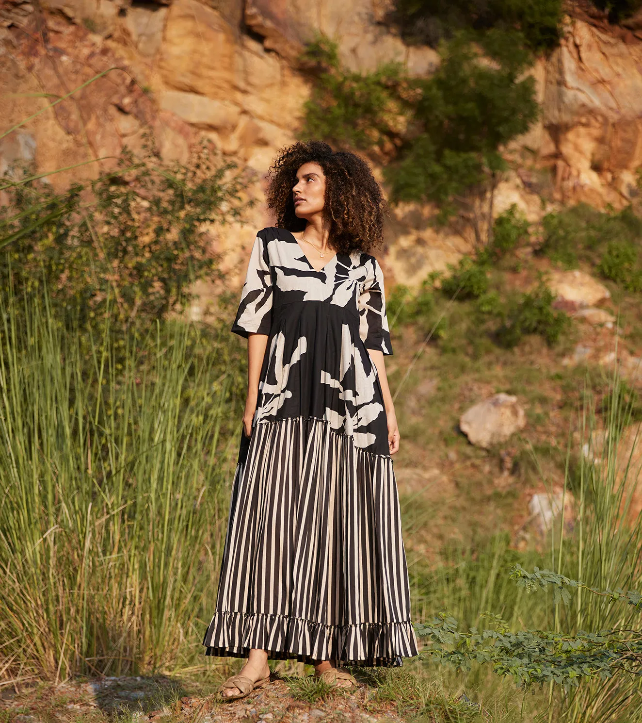 Khara Kapas Longing Days Maxi Dress 100% Cotton  Black and Off-white KW657