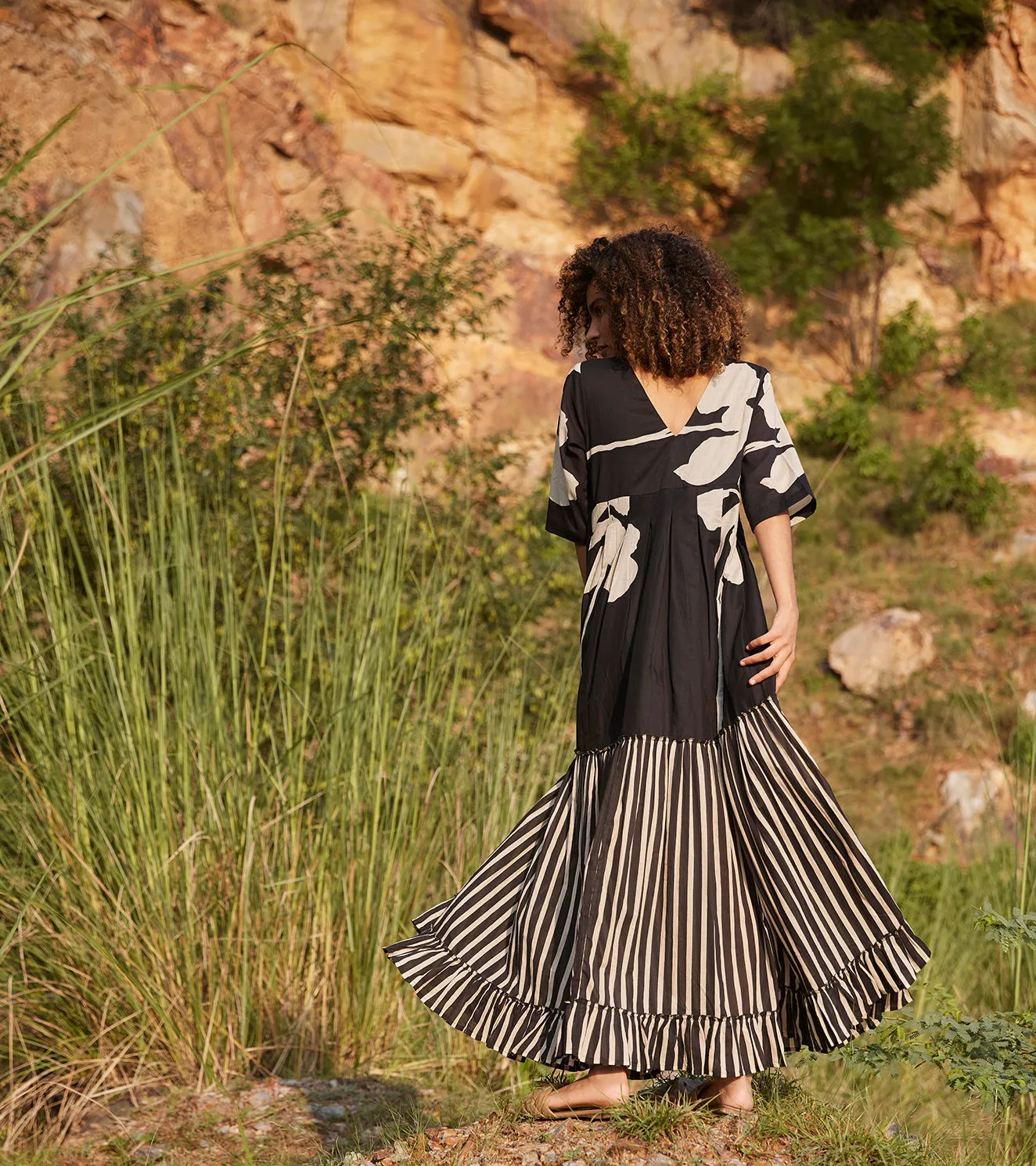 Khara Kapas Longing Days Maxi Dress 100% Cotton  Black and Off-white KW657