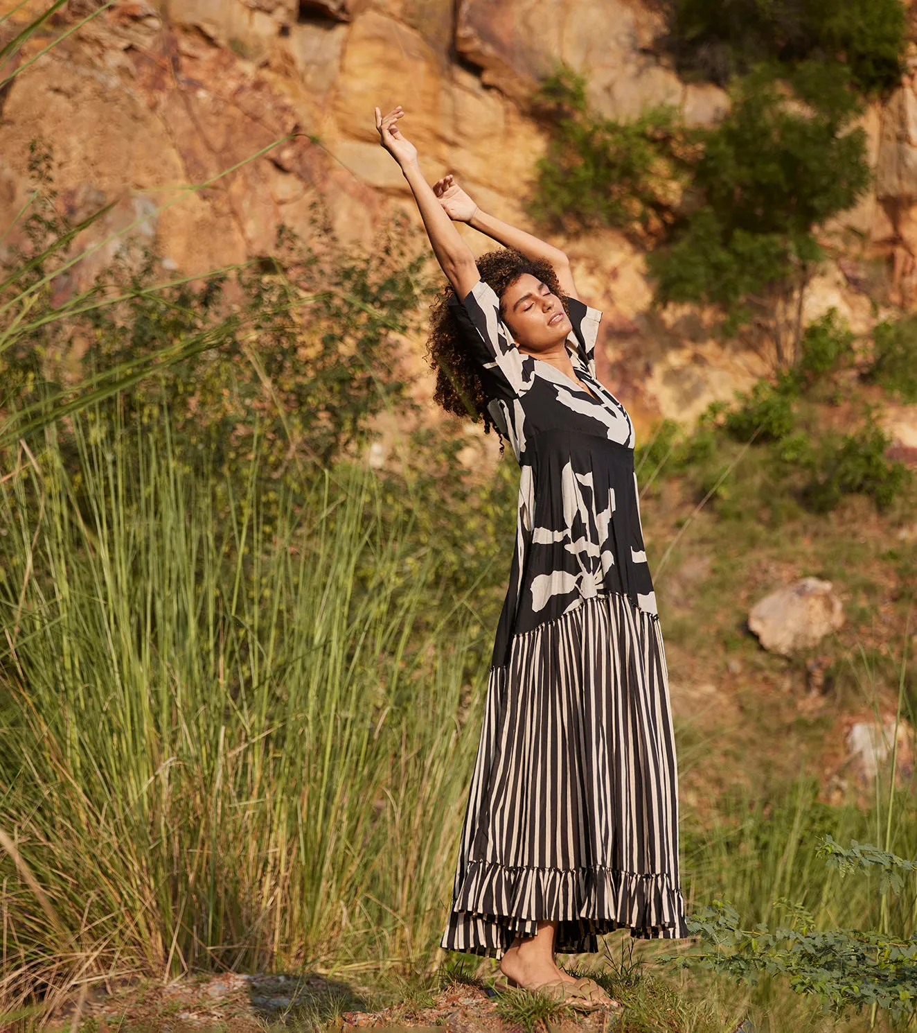 Khara Kapas Longing Days Maxi Dress 100% Cotton  Black and Off-white KW657