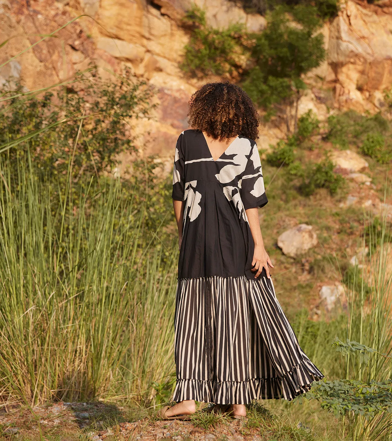 Khara Kapas Longing Days Maxi Dress 100% Cotton  Black and Off-white KW657