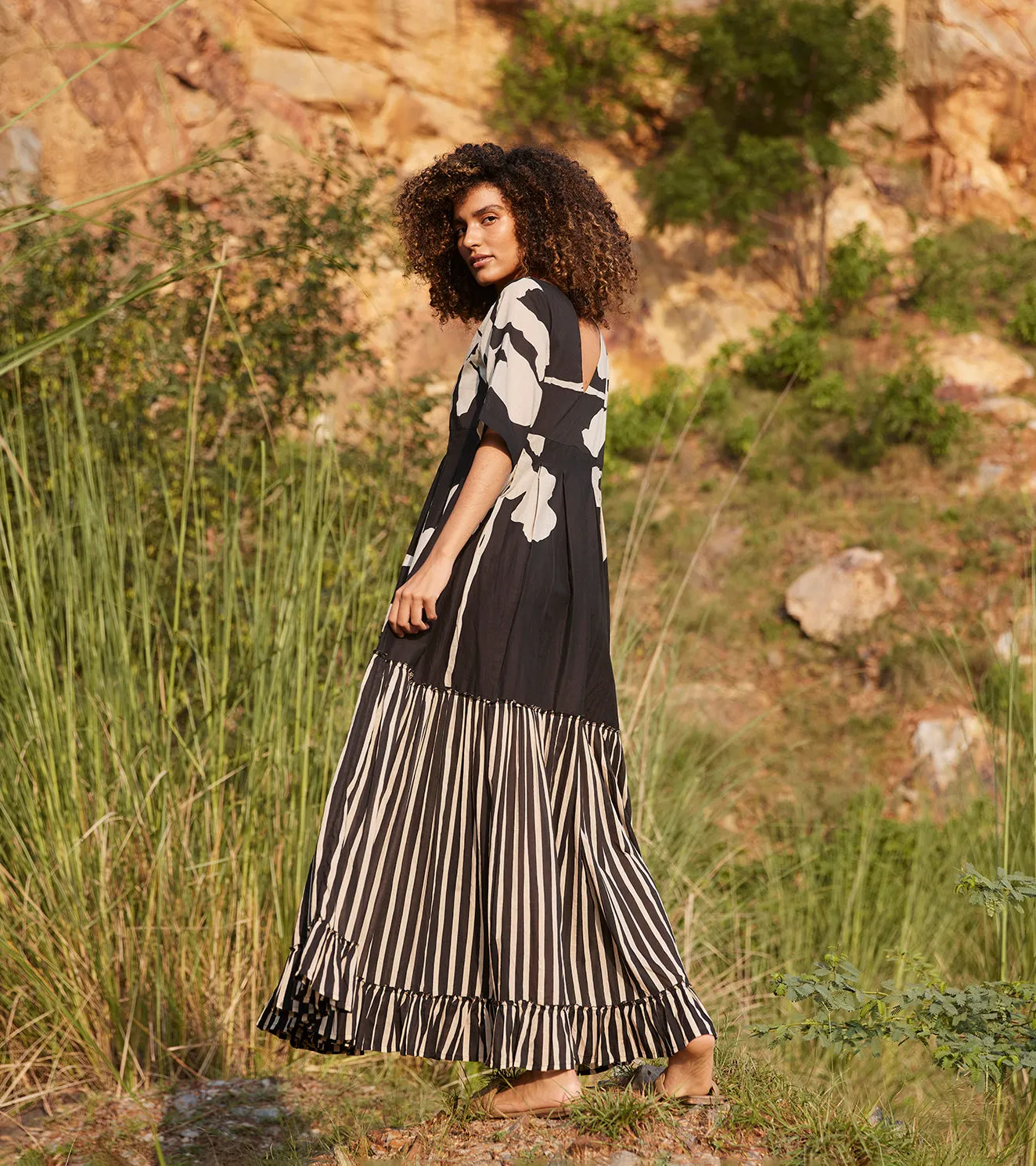 Khara Kapas Longing Days Maxi Dress 100% Cotton  Black and Off-white KW657
