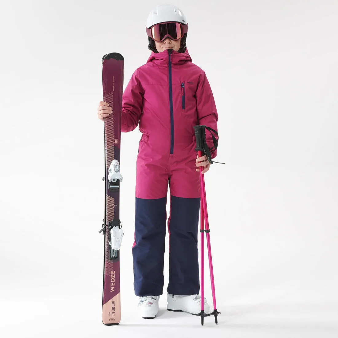 KIDS’ WARM AND WATERPROOF SKI SUIT - 100 - PINK AND NAVY BLUE