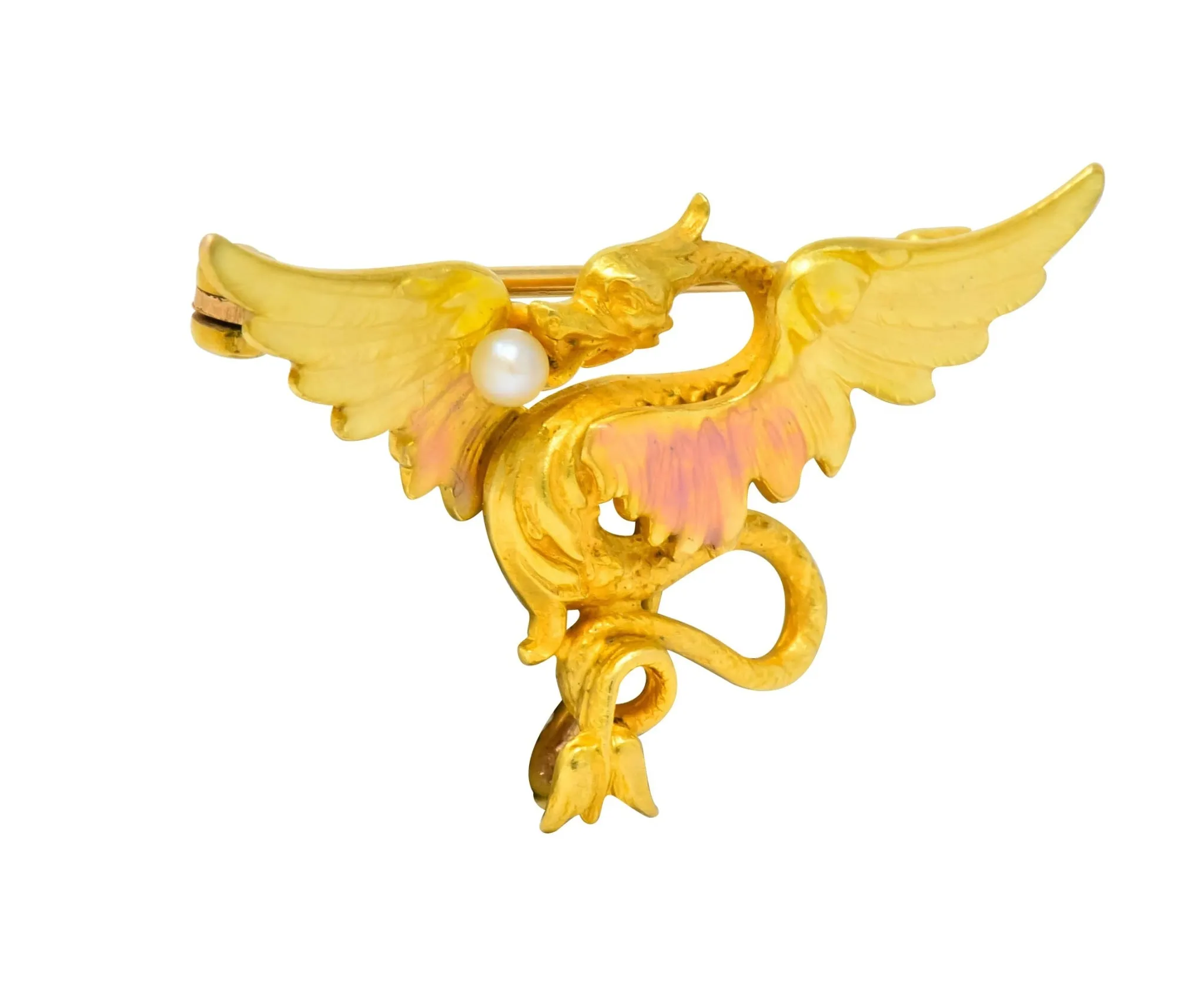 Krementz Art Nouveau 14 Karat Gold Enamel Dragon Watch Pin Brooch
