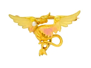 Krementz Art Nouveau 14 Karat Gold Enamel Dragon Watch Pin Brooch