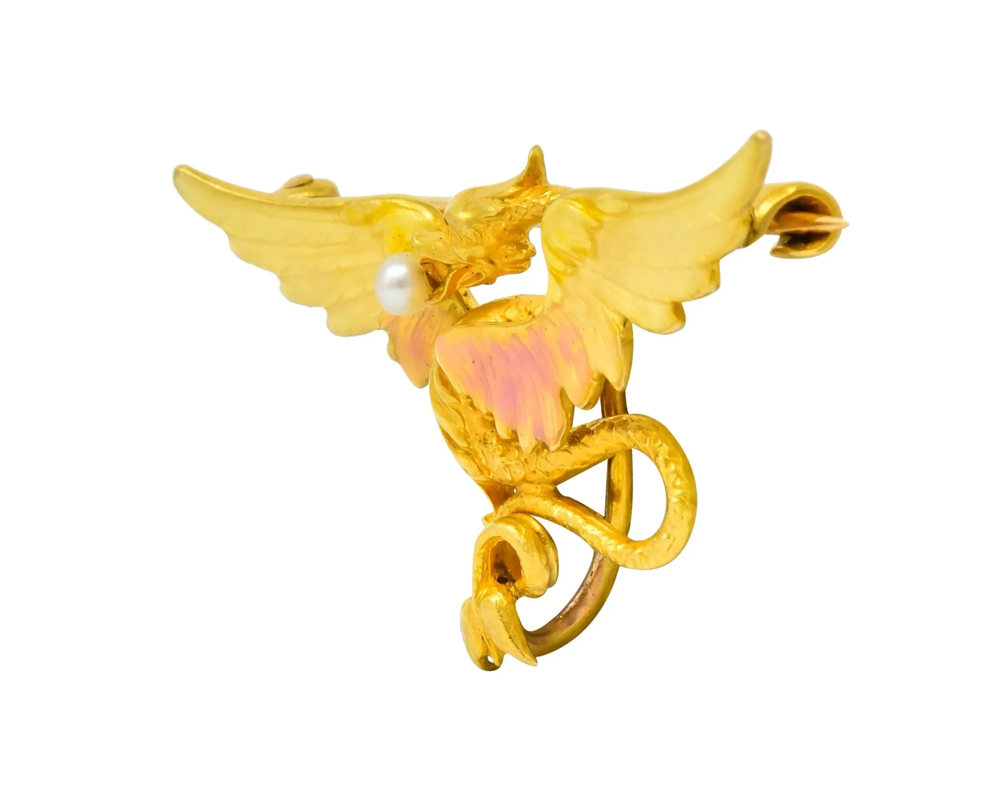 Krementz Art Nouveau 14 Karat Gold Enamel Dragon Watch Pin Brooch