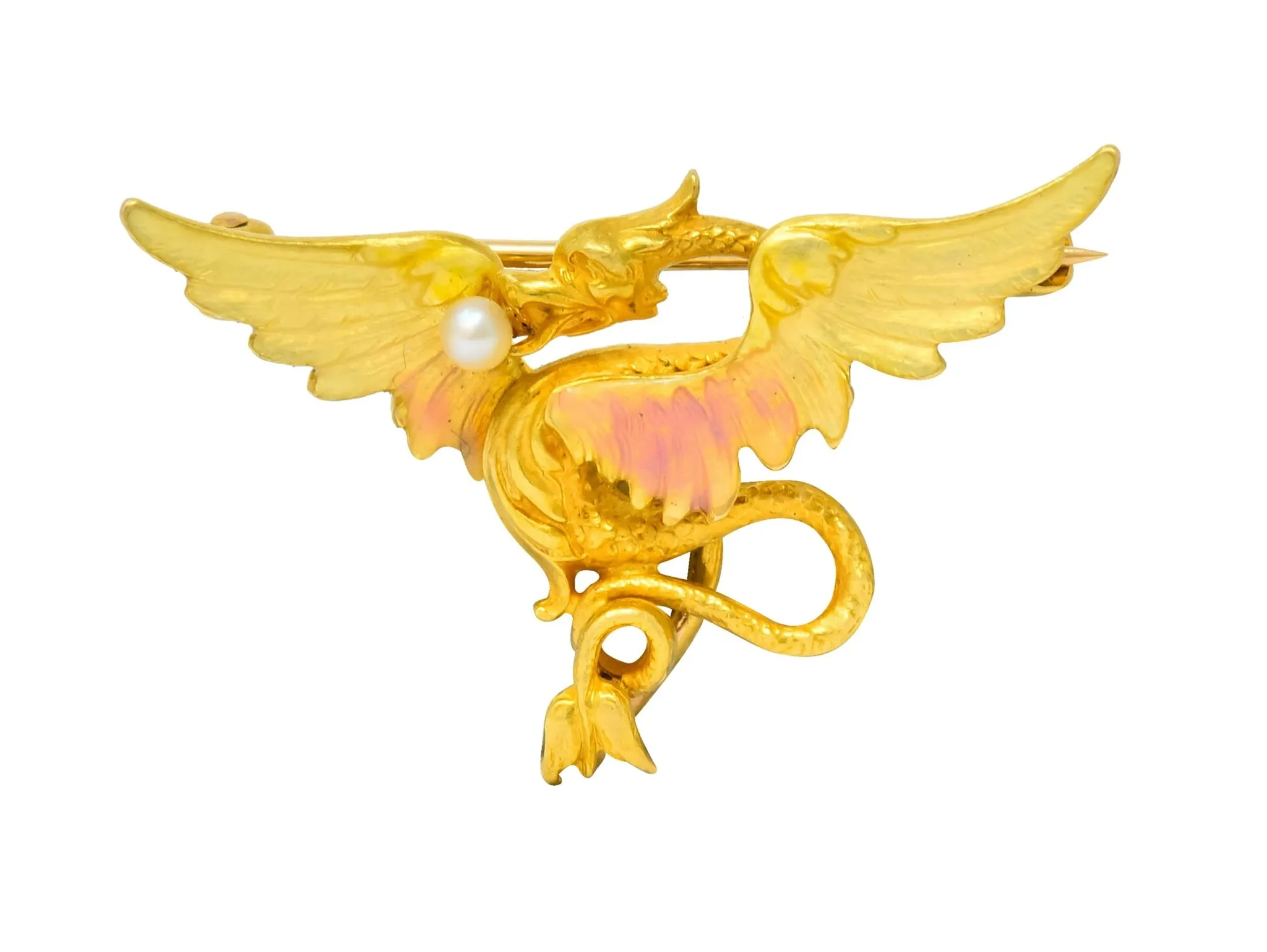 Krementz Art Nouveau 14 Karat Gold Enamel Dragon Watch Pin Brooch