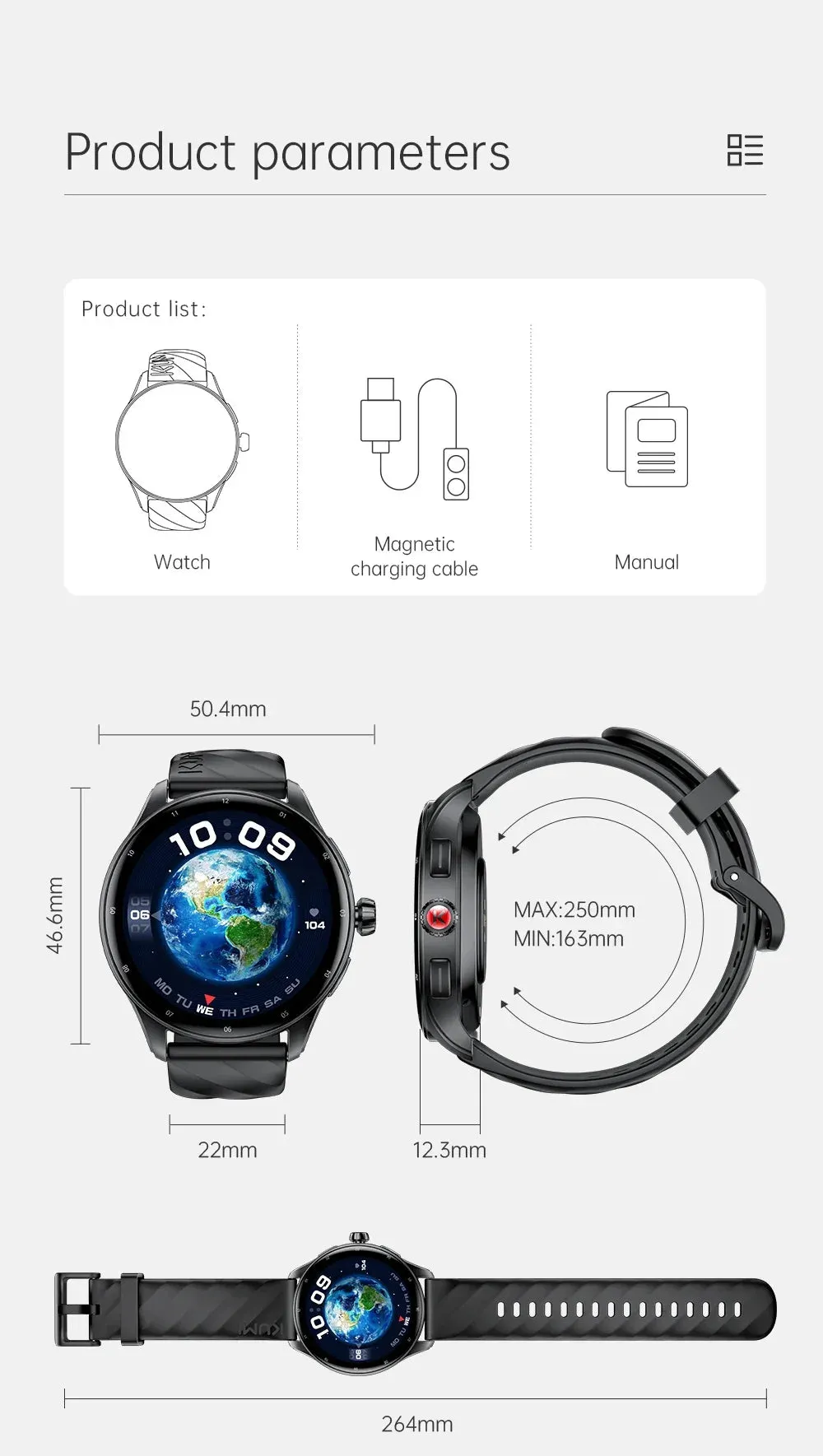 KUMI GW5 Pro 1.43"AMOLED Screen IP68 Waterproof Bluetooth Call 5.2 Health sleep monitor 100  Sports modes compass smart watch