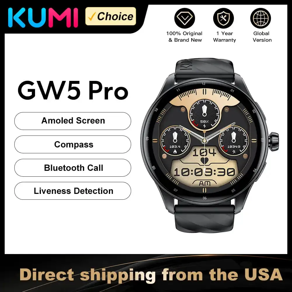 KUMI GW5 Pro 1.43"AMOLED Screen IP68 Waterproof Bluetooth Call 5.2 Health sleep monitor 100  Sports modes compass smart watch