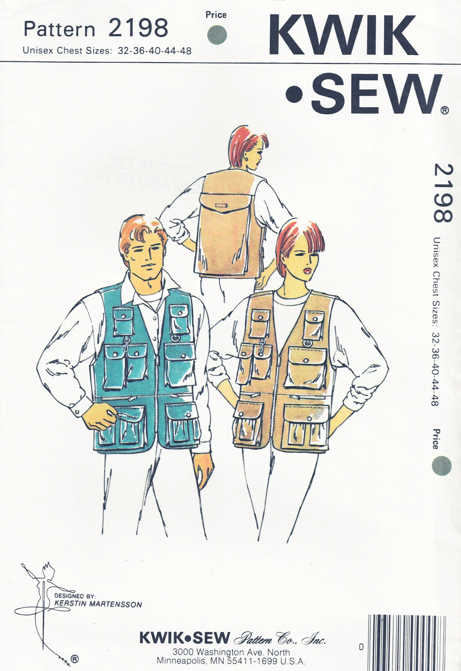 Kwik Sew 2198 UNISEX Mens Womens Canvas Utility Safari Sports Fishing Vest 1990s Vintage Sewing Pattern Chest 32 - 48 UNCUT Factory Folded
